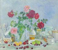 Картина маслом на холсте - Розы на столе