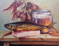 Still life with kippers and bacon