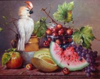 still life with a white parrot and watermelon
