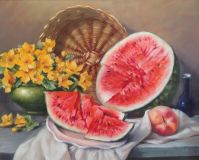 Still life with watermelon and a basket