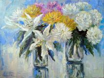 Still life with chrysanthemums and lilies