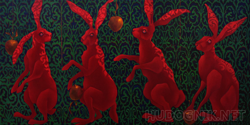 Los conejos rojos cosechan manzanas doradas