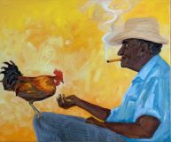 Cuban with a cigar and a rooster.
